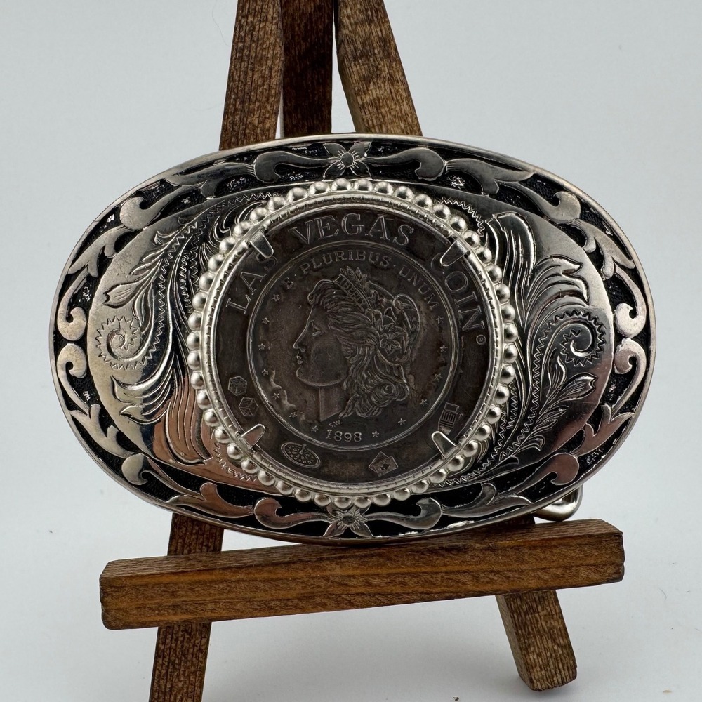 Belt Buckle Silver Las Vegas Coin 1898 Morgan Filigree Western